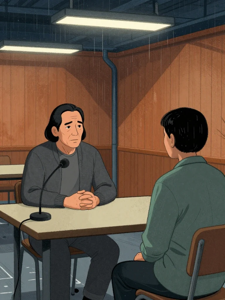 Abel Reyes sits rigidly at the table, hands folded, eyes fixed forward, speaking deliberately. Noor Haddad sits across, posture tense, gaze fixed on him. The room is lit by overhead fluorescents, casting sharp shadows on wood-paneled walls. A microphone glows faintly before the same person. Setting: Lassiter Council Chamber.