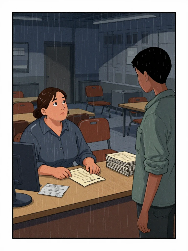 Juno Vance studies a closed retirement packet at the clerk table, then looks sharply toward Noor Haddad as the shared year becomes clear. The same person keeps a face-down comparison bundle beside the accepted exhibit stack. Dim institutional light crosses emptying chairs, the bare demonstration table, and their quiet recognition after the examiner's finding enters the county record. Setting: Lassiter Council Chamber.