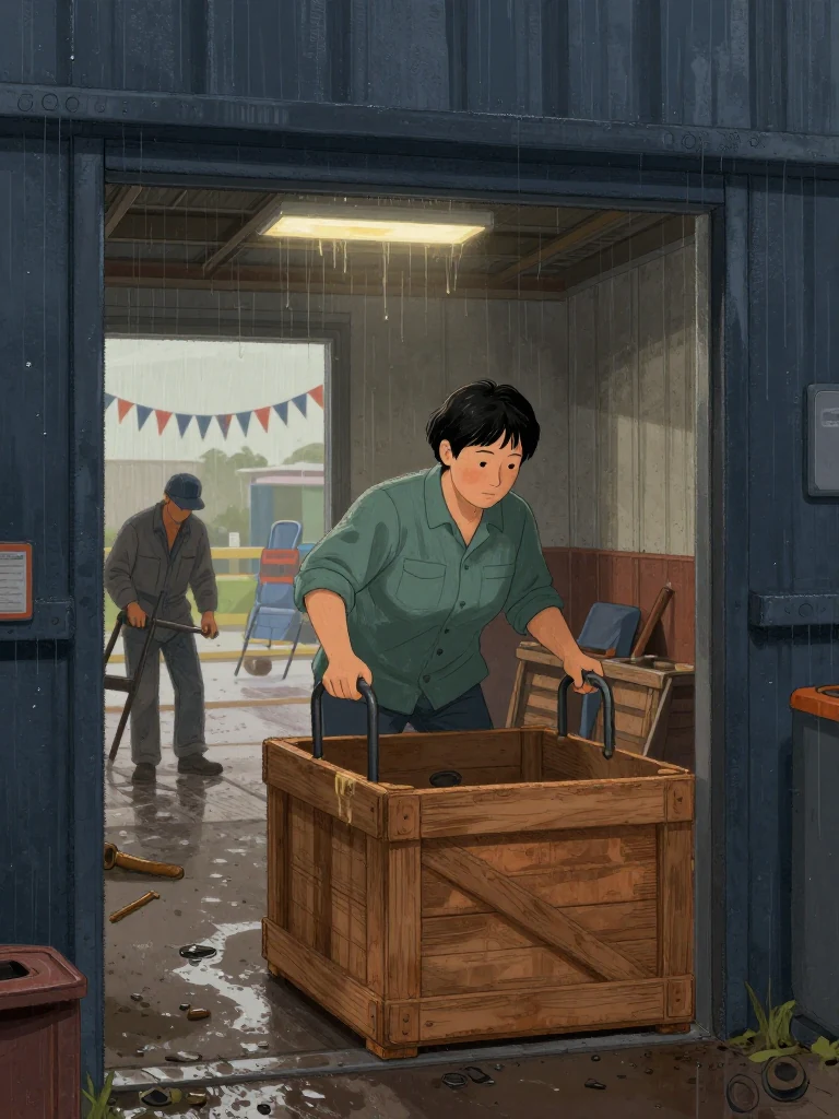 Noor Haddad lowers the failed demonstration rig into a wooden crate while an unnamed yard owner takes one handle and an unnamed welder gathers the loose pin. The chamber has nearly emptied around them. Soft overhead light catches wax residue, plain exhibit cloth, folded chairs, and harbor bunting beyond the doorway as the physical test leaves public view. Setting: Lassiter Council Chamber.