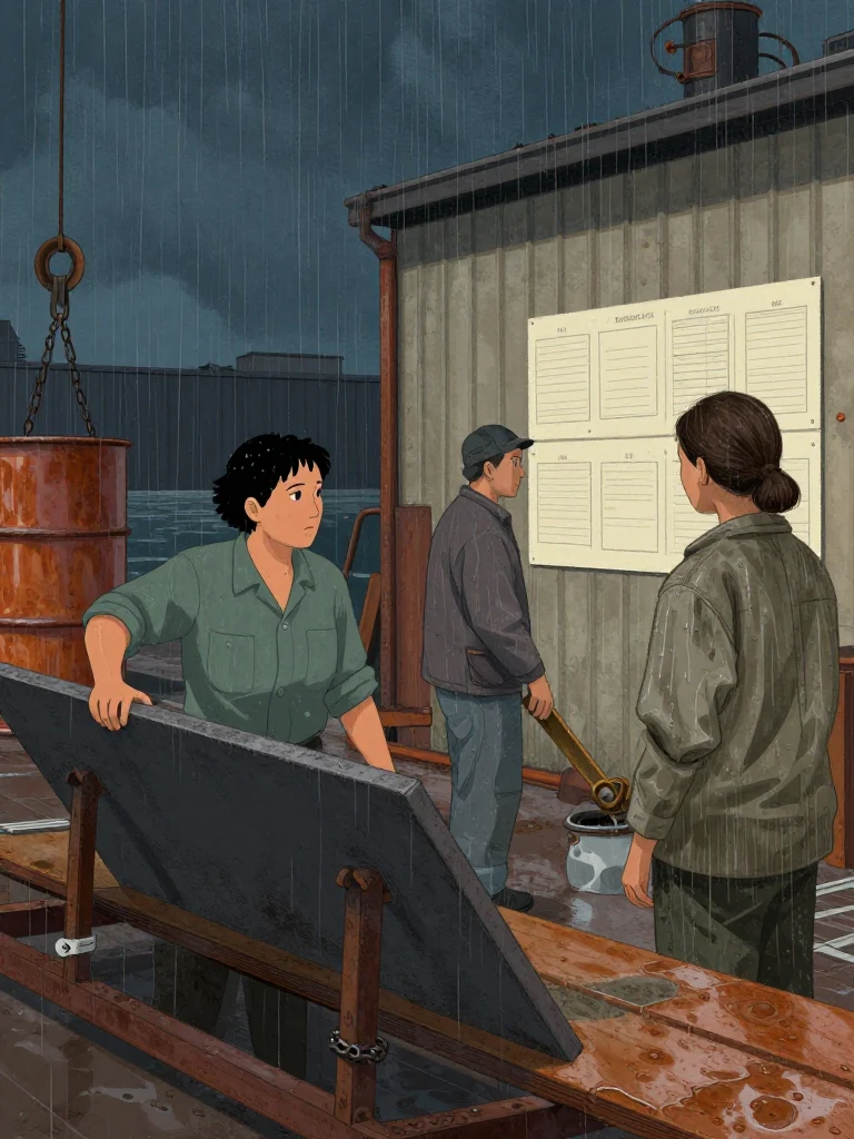 Noor Haddad braces the grease-dark canvas volume open on the yard bench with its surface angled away while Juno Vance studies the barge-loading sketch beside an unnamed welder and deckhand. Ballast drums, hardwood shims, and serviced chain hoists fill the slip. Opaque crew assignment sheets hang with their marked faces turned toward the shed wall. Setting: Verity Boatworks, Slip Six. Visible objects: The Handbook of Field Expedients.