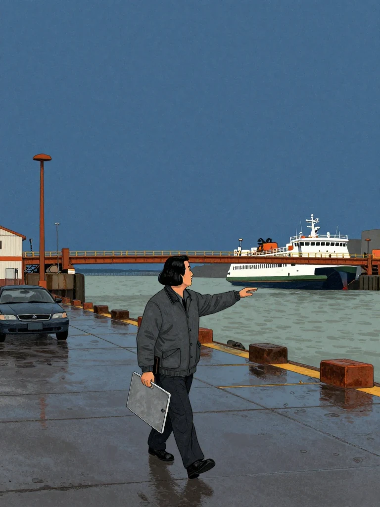 Abel Reyes walks the cold waterfront beside an unnamed compact state inspector in a practical coat, both surveying the ferry landing, bridge approaches, and rising channel. The inspector carries a plain metal board face-down while the same person gestures toward the working shoreline. A state car waits on wet pavement beneath clear late-afternoon light.