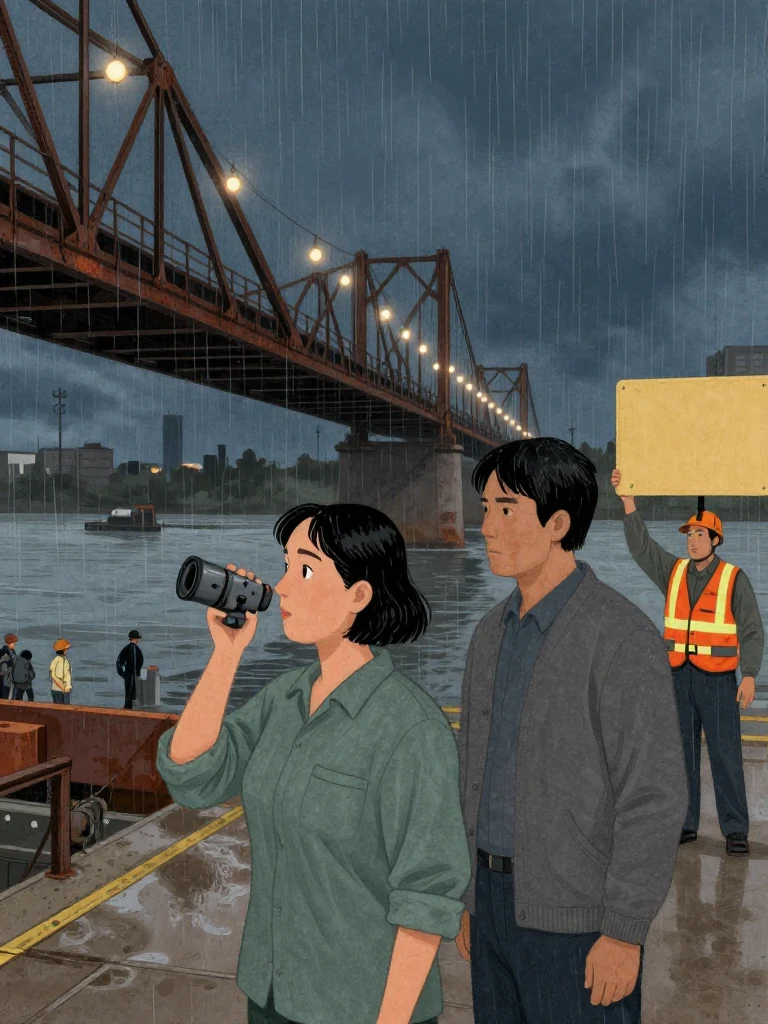Noor Haddad stands at the near abutment and radios the yard as the skewed bridge leaf grinds out of line. Abel Reyes arrives at one shoulder while an unnamed compact state inspector stops two steps behind. Festival bulbs, dark steel, flooding far-bank crowds, and a plain emergency guide held edge-on by an unnamed deckhand frame the decision. Setting: Lassiter Swing Bridge.