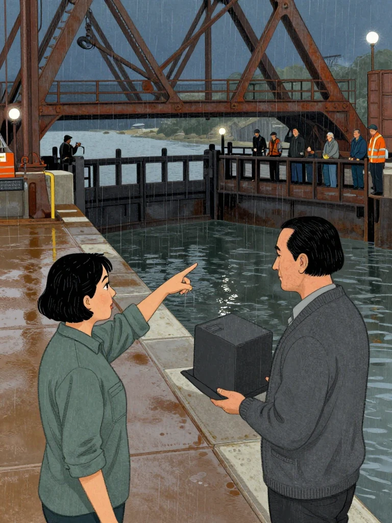 Noor Haddad points from the skewed bridge leaf to the rising far-bank water while Abel Reyes holds a square procedural stance beside the abutment. An unnamed compact state inspector studies the span and crowd between them. Cold festival light crosses wet steel, the sheared lock, dark water, and three adults weighing the stated emergency hold. Setting: Lassiter Swing Bridge.