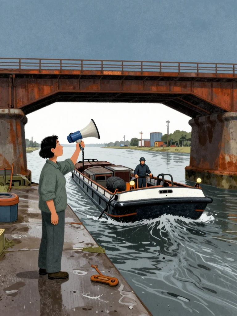 Noor Haddad remains at the near abutment with a megaphone raised toward the approaching flat barge, one hand marking center beneath the bridge leaf. An unnamed welder pilots the push-boat at slow speed with trimmed ballast drums behind him. Festival bulbs and black water frame the careful fender clearance as the slack tide narrows. Setting: Lassiter Swing Bridge.
