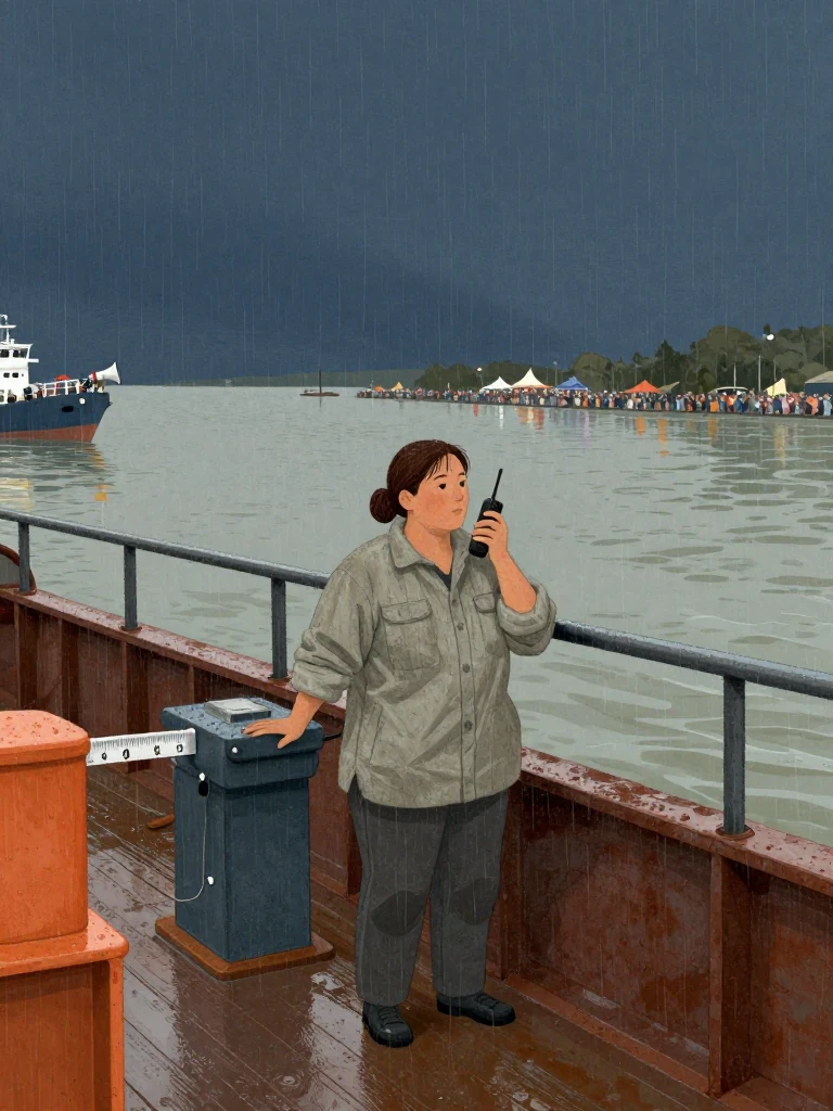 Juno Vance stands at a stable trim station on the secured barge deck, one hand on the radio and the other aligned with a protected freeboard scale. Hardwood shims meet the bridge underside beyond the rail while the rising tide seats the hull. A distant megaphone directs the far crowd across water filled with festival reflections. Setting: Lassiter Swing Bridge.