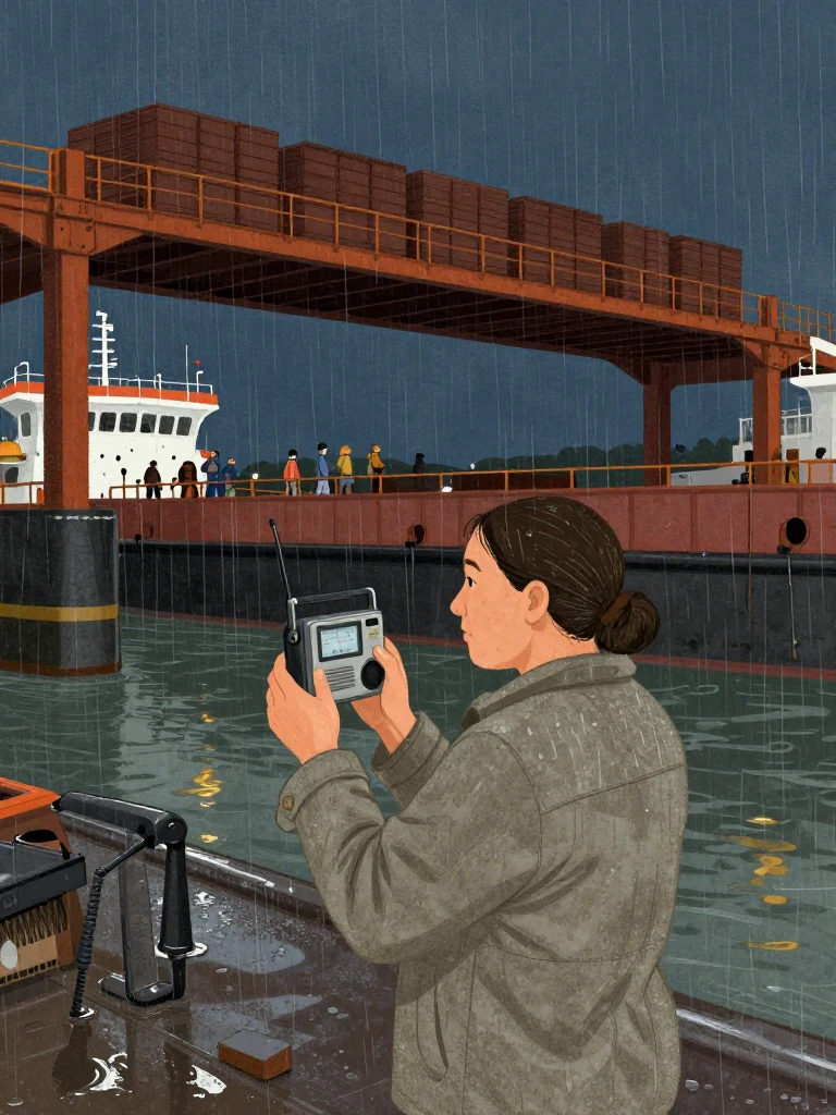 Juno Vance holds a compact radio at the stable trim station and monitors the protected freeboard scale as the tide lifts the barge into the bridge leaf. Shim stacks take the load overhead while walking families cross in ordered rows. Fleet lights ripple across black water and wet steel around the same person's steady measured stance. Setting: Lassiter Swing Bridge.