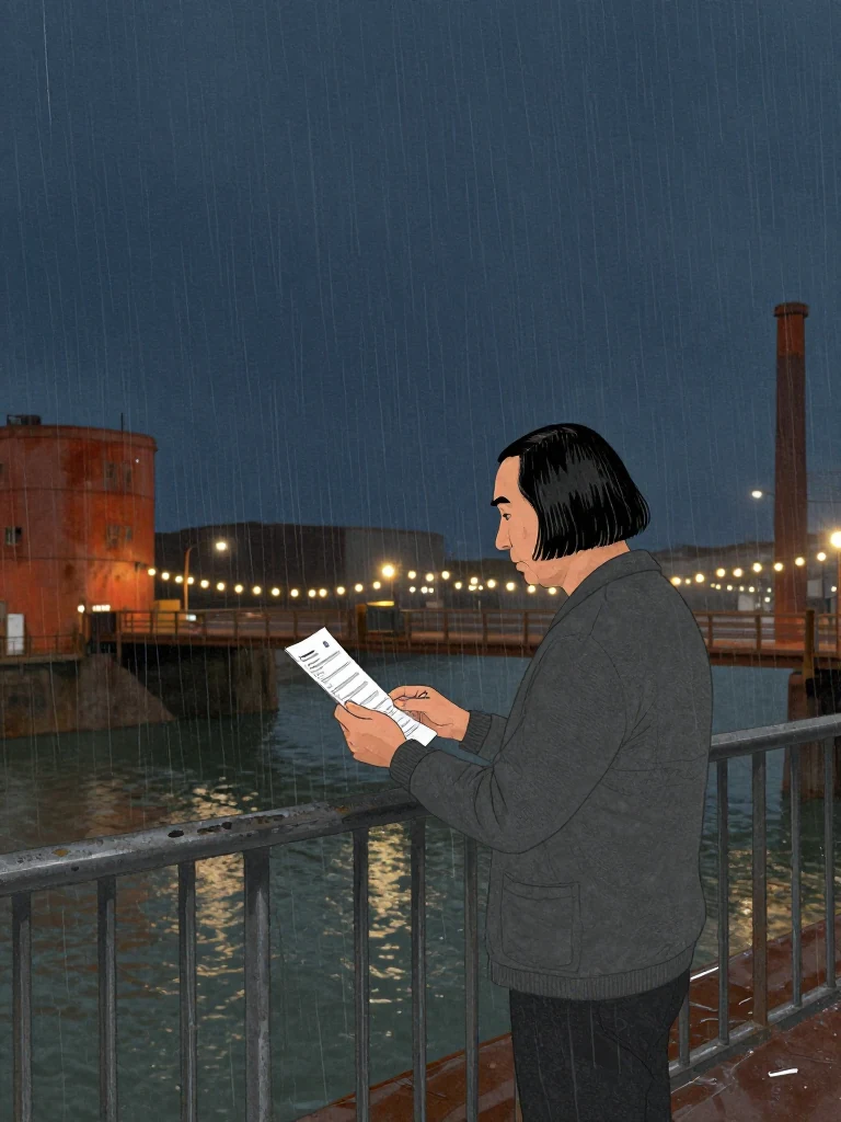 Abel Reyes stands at the bridge rail, holding a referral in one hand and reading aloud. Festival bulbs glow above black water below. The rail is metallic and weathered. Artificial light illuminates the scene. The composition keeps every visible silhouette spatially distinct and clearly legible. Setting: Lassiter Swing Bridge.