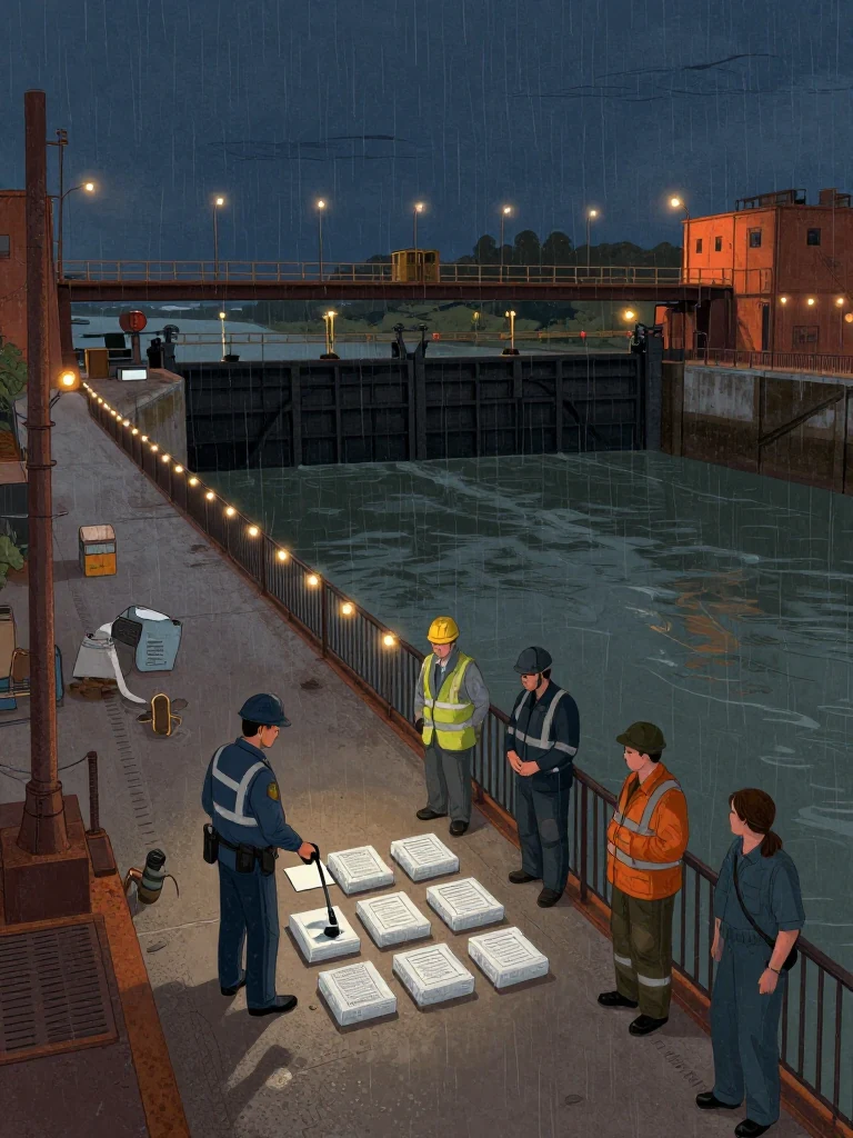 An unnamed state inspector stands at the bridge rail beneath warm festival bulbs, pressing a capped hand tool to a face-down receiving surface beside six sealed evidence pieces. The black river, opened span, and dismantled lock recede behind the work lights while nearby officials hold still around the completed referral chain. Setting: Lassiter Swing Bridge.