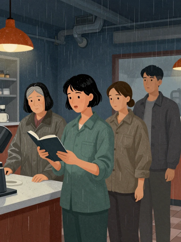 Noor Haddad stands reading aloud, facing forward, while Coral Marsh stands beside her with hands on the counter, Juno Vance leans slightly forward near the counter, and Abel Reyes stands behind, all in a dimly lit diner with coffee scent in air.