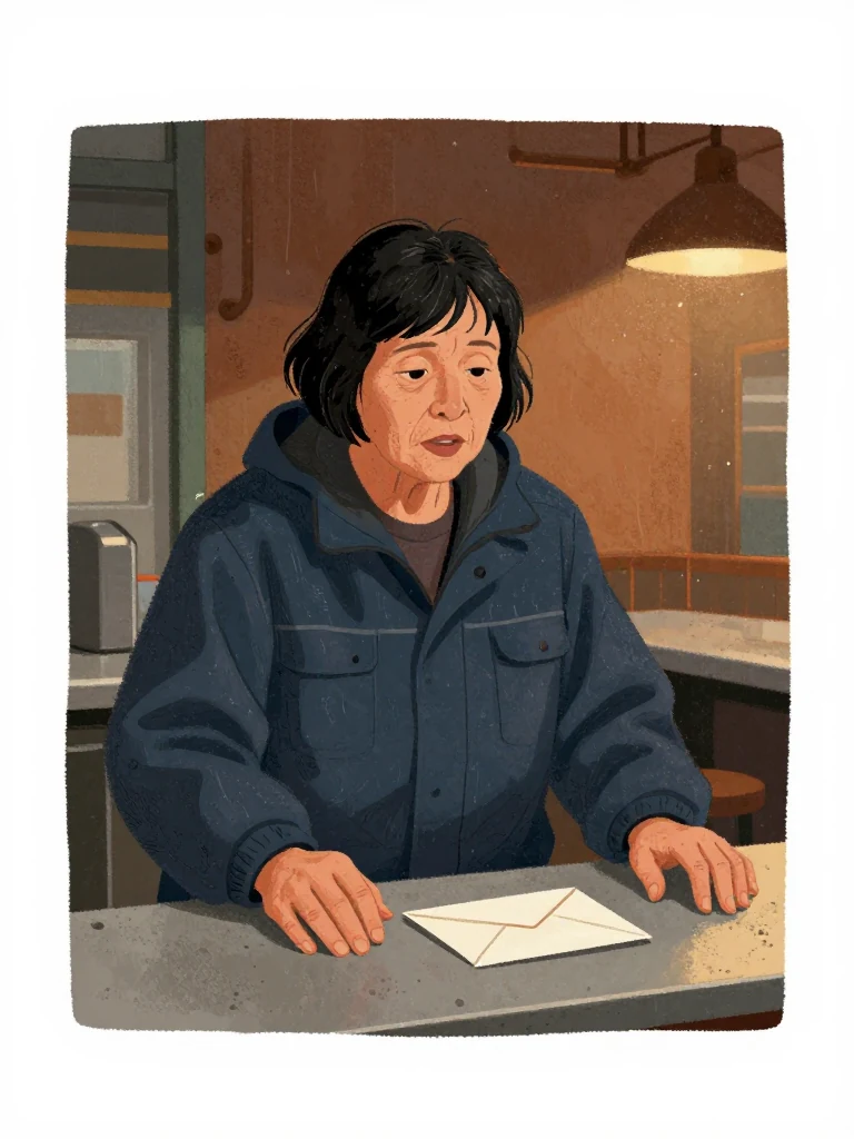 Coral Marsh stands with hands flat on the counter, speaking directly to the envelope. The diner's counter is visible beneath her hands, and the envelope rests on the surface. The lighting is dim, warm, and ambient, suggesting late evening.