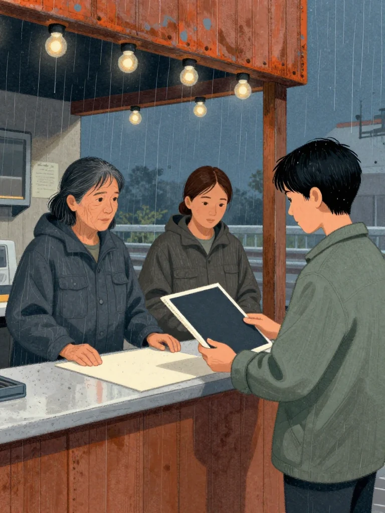Coral Marsh stands behind the diner counter beside a folded opaque sheet while Juno Vance opens the grease-dark canvas volume with its final surface angled beyond legibility. Noor Haddad receives it with both hands. Fading festival bulbs, worn wood, and the dark channel outside surround the shared promise to complete the unfinished field work together. Setting: Marsh Diner. Visible objects: The Handbook of Field Expedients.
