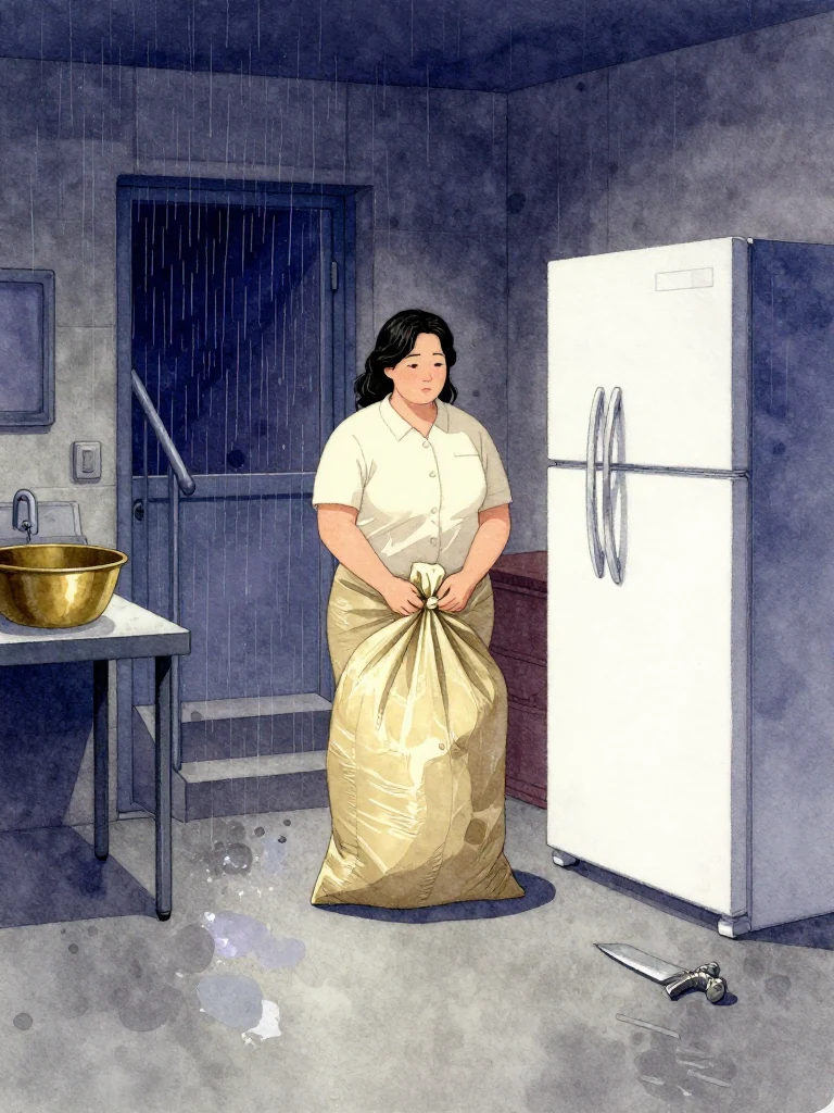 한윤서 stands between a sealed body sack and a silent refrigerator in the low concrete room, one hand easing beneath the sack's inward tucked knot while a ceremonial blade rests nearby. Rain streaks the iron door above the stairwell, a brass basin waits on the worktable, and the delayed shadow beneath the sack trembles under cold industrial light. Setting: 남천 고가 장례소.