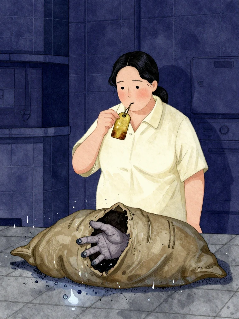한윤서 holds a scorched aged yellow brass tag by its plain face beside the partly opened body sack, staring as an older corpse's gray hand pushes through the opening. Three narrow empty grooves mark the reverse metal surface. Blue tile dust and black iron grit pack the corpse's nails, while rain beads divert around the burned edge under cold basement light. Setting: 남천 고가 장례소. Visible objects: 내일의 상주 동패.