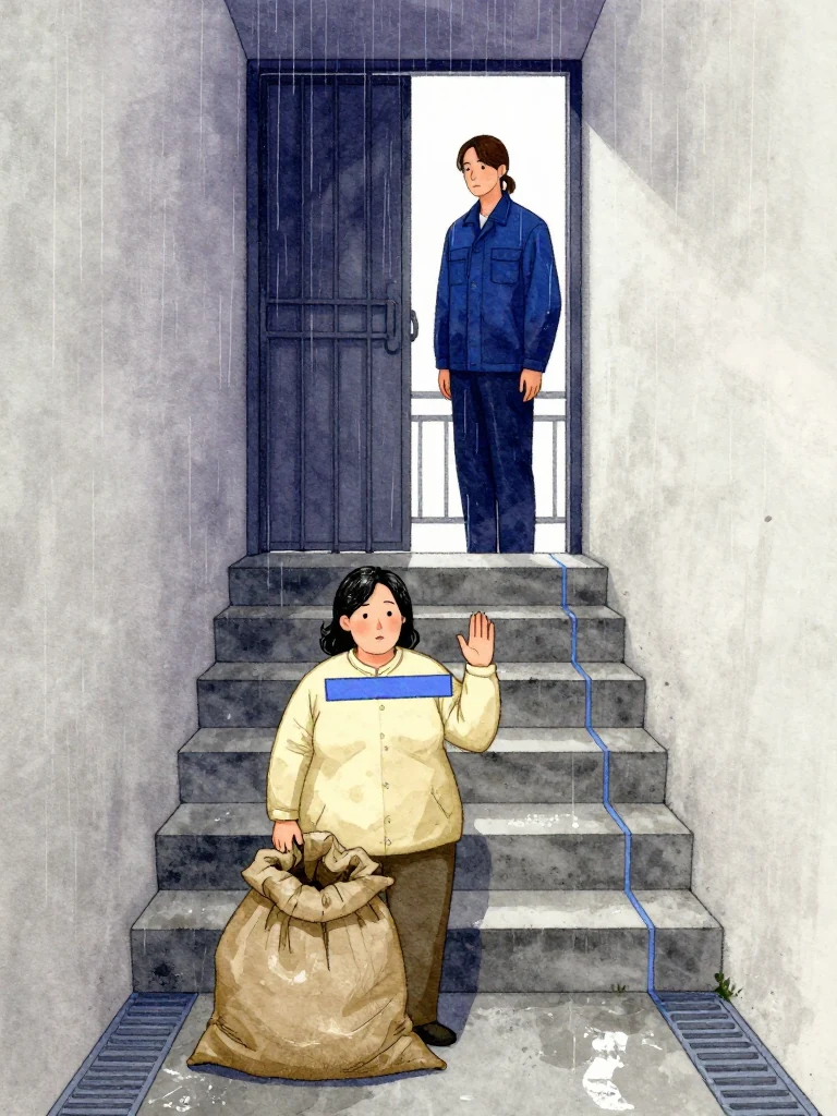 한윤서 stands at the bottom of the narrow stairwell beside the opened sack, raising one hand as a thin blue rectangle settles across its back. 서이안 remains beyond the closed iron door at the top of the steps. Rainwater shines through the door seam, and matching blue light traces the drain bars across the low concrete room. Setting: 남천 고가 장례소.