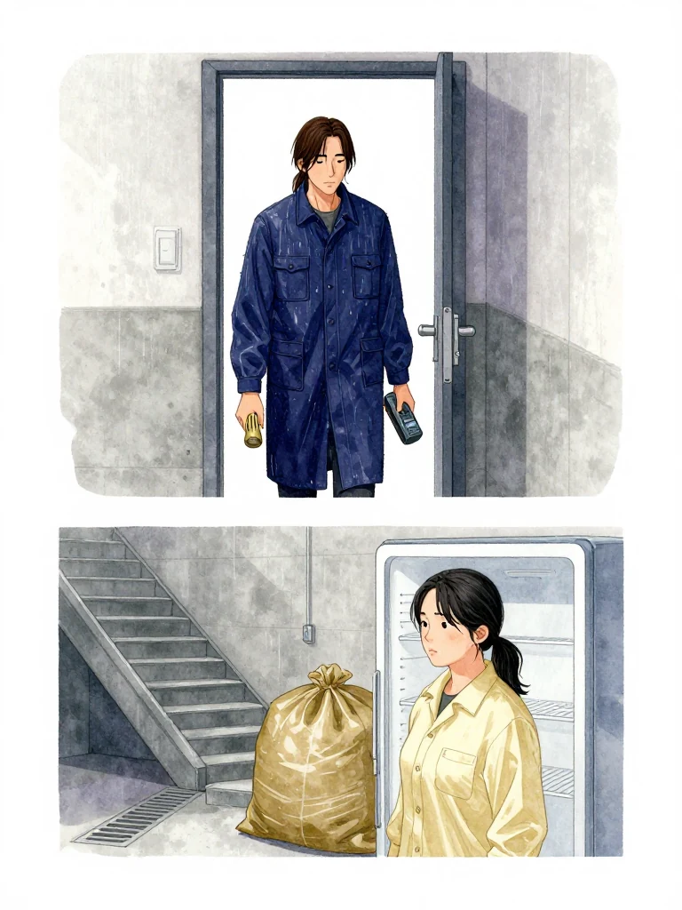 서이안 steps through the iron door in a raincoat and field vest, holding a palm sized seal device in the left hand and a recording terminal in the right. 한윤서 remains beside the open body sack and empty refrigerator below. Flat clinical light washes concrete, drain metal, and the single stairway as both assess the cramped room. Setting: 남천 고가 장례소.