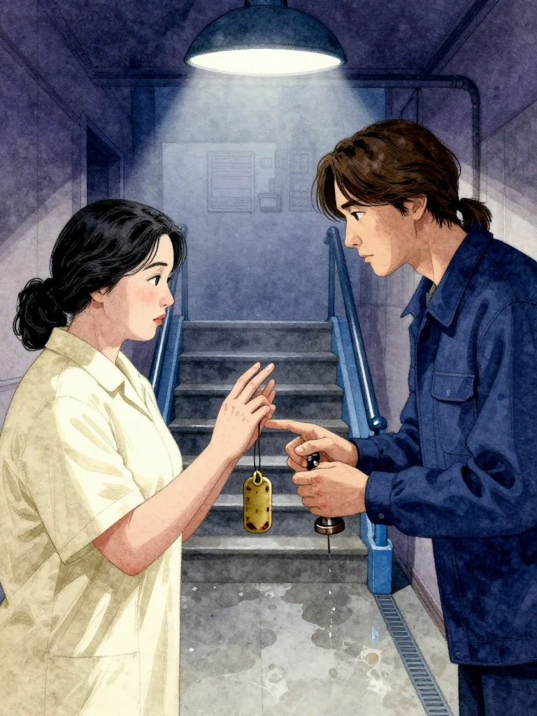한윤서 lifts the corpse's right hand beside the scorched aged yellow brass tag, aligning the stiff index finger with the same person's living finger. 서이안 leans closer, gaze moving between the paired hands while one thumb presses the seal device. Independent blue barriers brighten along the stairwell and drain bars beneath the cold mortuary light. Setting: 남천 고가 장례소. Visible objects: 내일의 상주 동패.