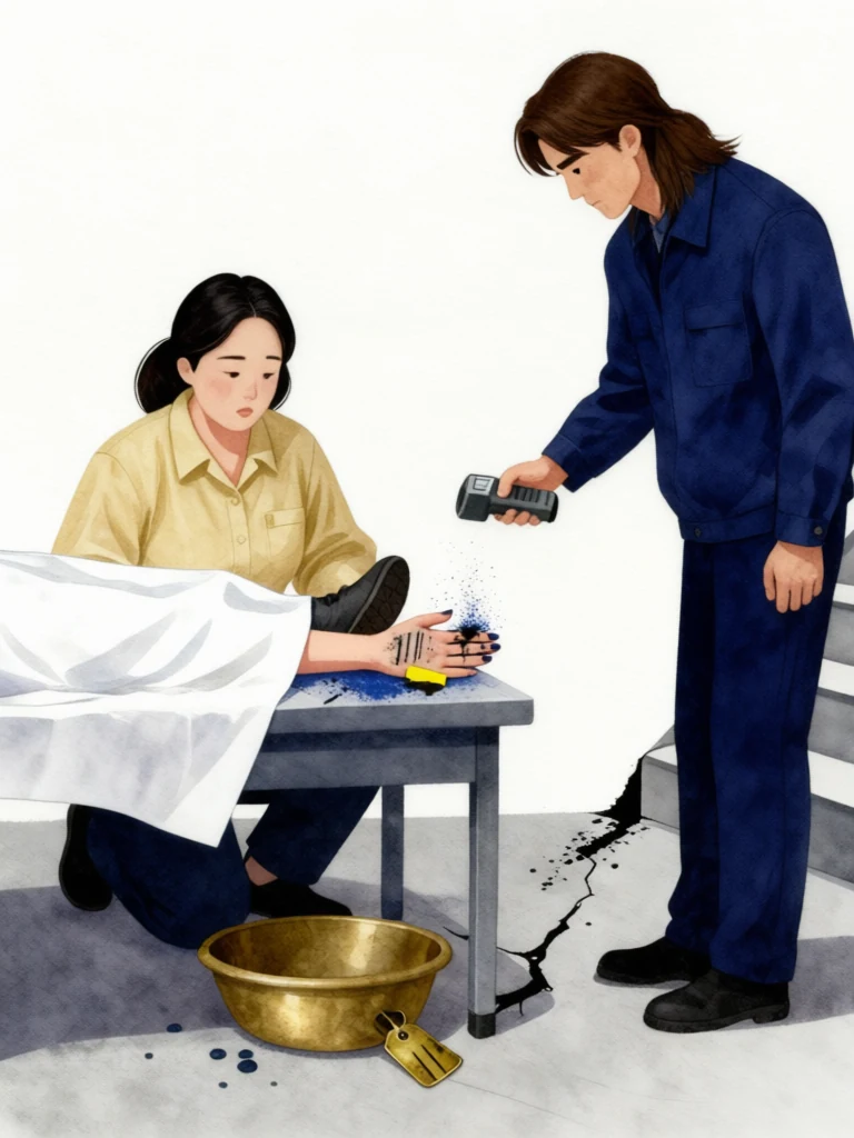 한윤서 kneels beside the worktable and spreads the corpse's hand to reveal blue tile dust, black grease, a diagonal metal scar, and yellow rubber caught beneath the shoe. 서이안 angles the recording terminal toward these clues. The floor crack ends at the stairwell, reversed droplets settle into the brass basin, and the corpse's fist stays closed around the scorched aged yellow brass tag. Setting: 남천 고가 장례소. Visible objects: 내일의 상주 동패.