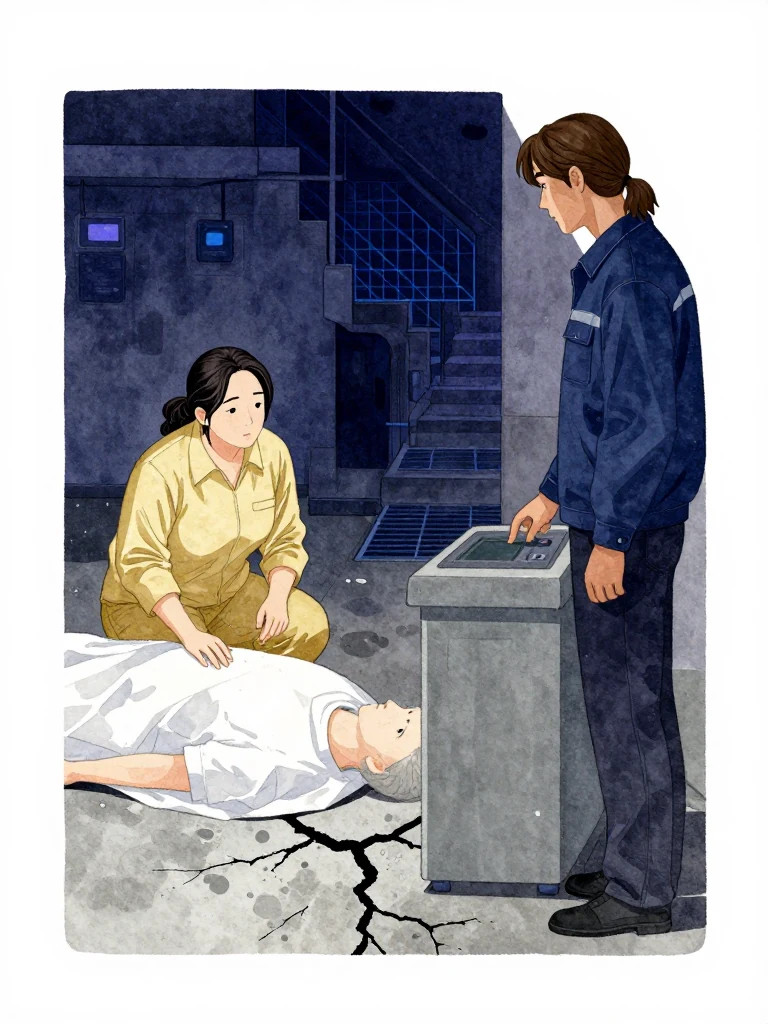 한윤서 crouches beside the worktable with one hand near the waiting corpse, watching a fresh floor crack creep toward the concrete pier foundation. 서이안 stands over a muted communication terminal with one thumb suspended above a dark control surface. Blue barrier light grids the drain and stairwell while both weigh the spreading damage in tense basement shadow. Setting: 남천 고가 장례소.