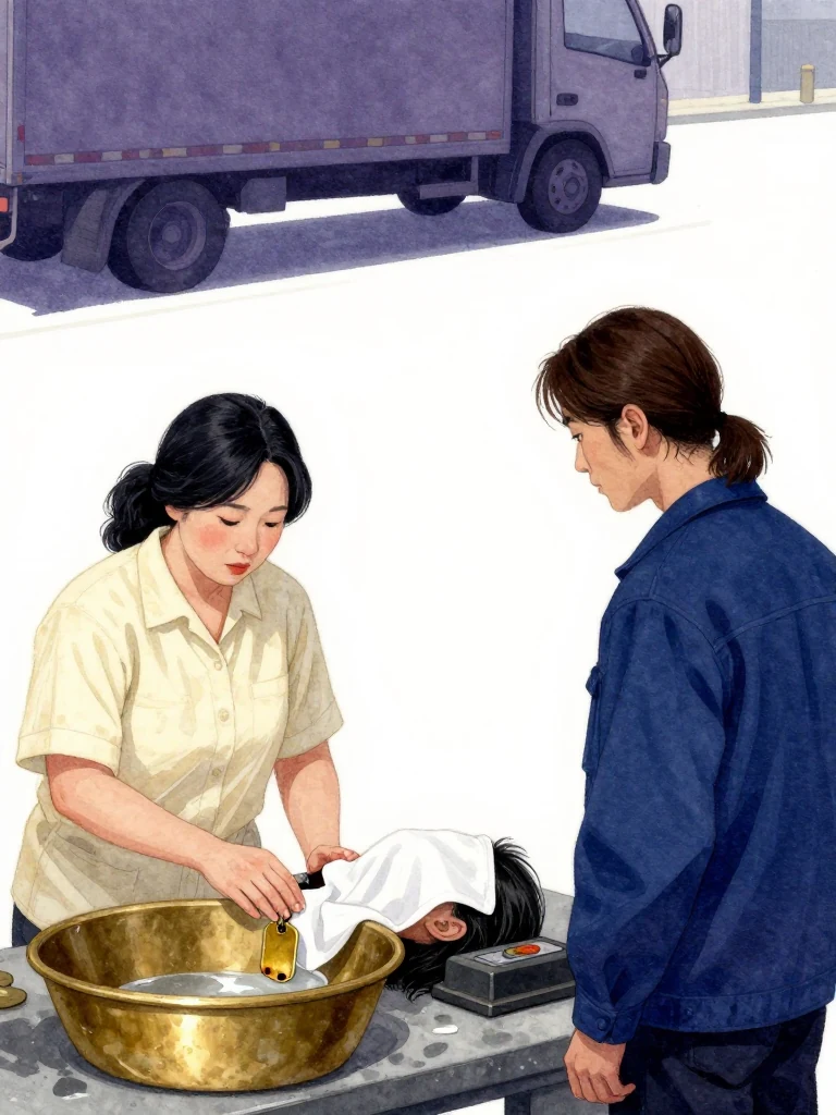 한윤서 rests one palm over the corpse's newly opened hand as the scorched aged yellow brass tag slides beneath their joined fingers, a damp white cloth covering the still face. 서이안 observes from beside the seal device. Cold predawn light pools across the brass basin, wet concrete, and worktable while the delayed shadow quivers after a truck passes overhead. Setting: 남천 고가 장례소. Visible objects: 내일의 상주 동패.