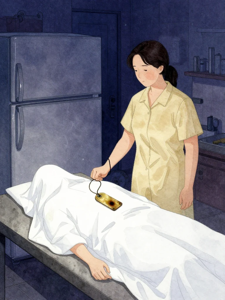 한윤서 stands rigid beside the worktable as a cold black line winds around the inner wrist and tightens with the pulse. The corpse settles beneath the white cloth, one fist closed around the scorched aged yellow brass tag as its first groove darkens. Fine vibration ripples through the refrigerator, concrete floor, and steel fittings under deep predawn shadow. Setting: 남천 고가 장례소. Visible objects: 내일의 상주 동패.