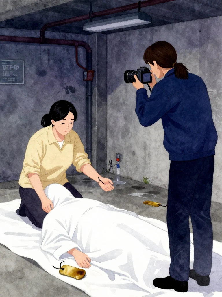 한윤서 holds out the wrist marked by a taut black line while kneeling beside the covered corpse, the scorched aged yellow brass tag resting near the dead hand. 서이안 stands close and photographs the wrist and body in turn. Cold predawn light from the basement fixtures falls across white cloth, concrete, and the shared evidence arrangement. Setting: 남천 고가 장례소. Visible objects: 내일의 상주 동패.