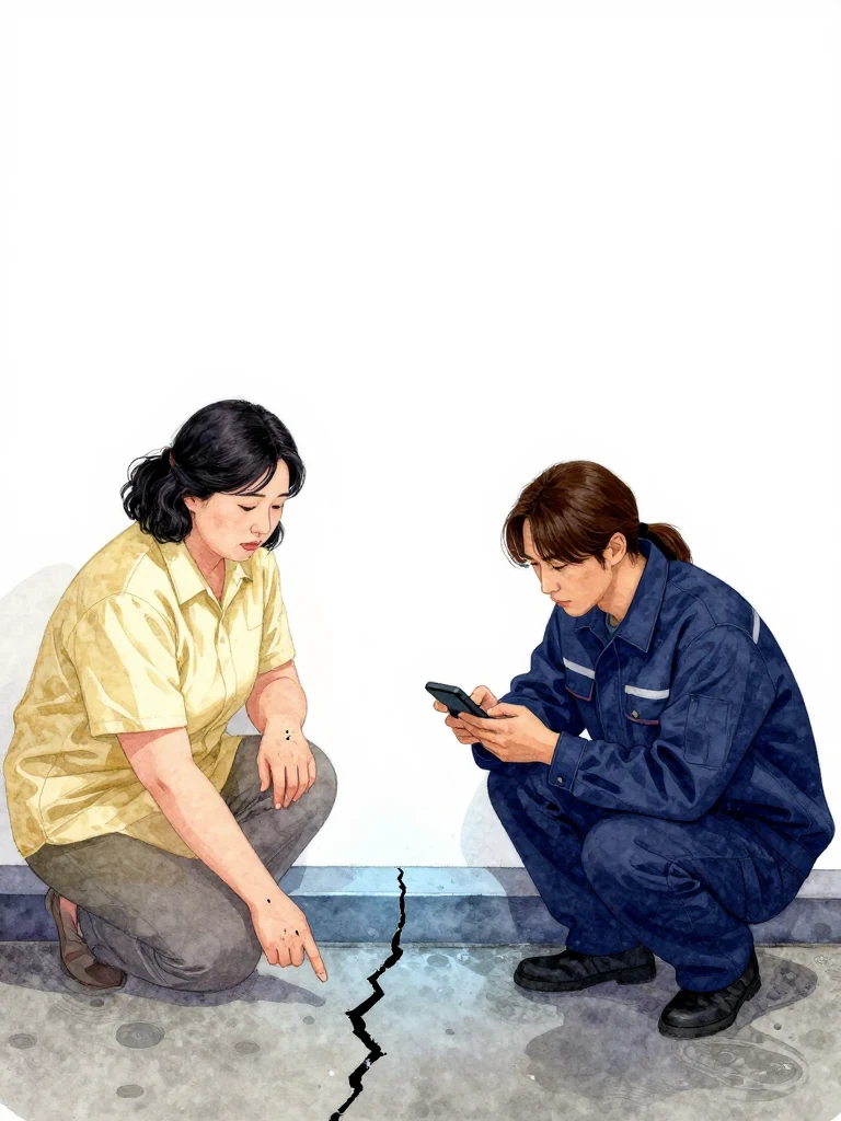 한윤서 points one foot toward the leading edge of the floor crack while holding the newly marked wrist close. 서이안 crouches at the wall seal and drain barrier, compares their vibrations through the handheld device, then lowers its output. Cold blue barrier light fades one step across wet concrete as the same person preserves the scene. Setting: 남천 고가 장례소.