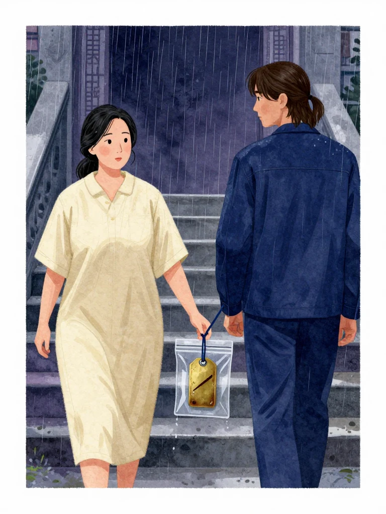 한윤서 walks beside 서이안 into the rain at the top of the mortuary stairs, their pace matched by a thin blue tether joining the first person's wrist to the second person's seal device. A transparent evidence pouch hangs at the tether's midpoint, holding the scorched aged yellow brass tag with one dark groove and another slowly wetting under the gate light. Setting: 남천 고가 장례소. Visible objects: 내일의 상주 동패.