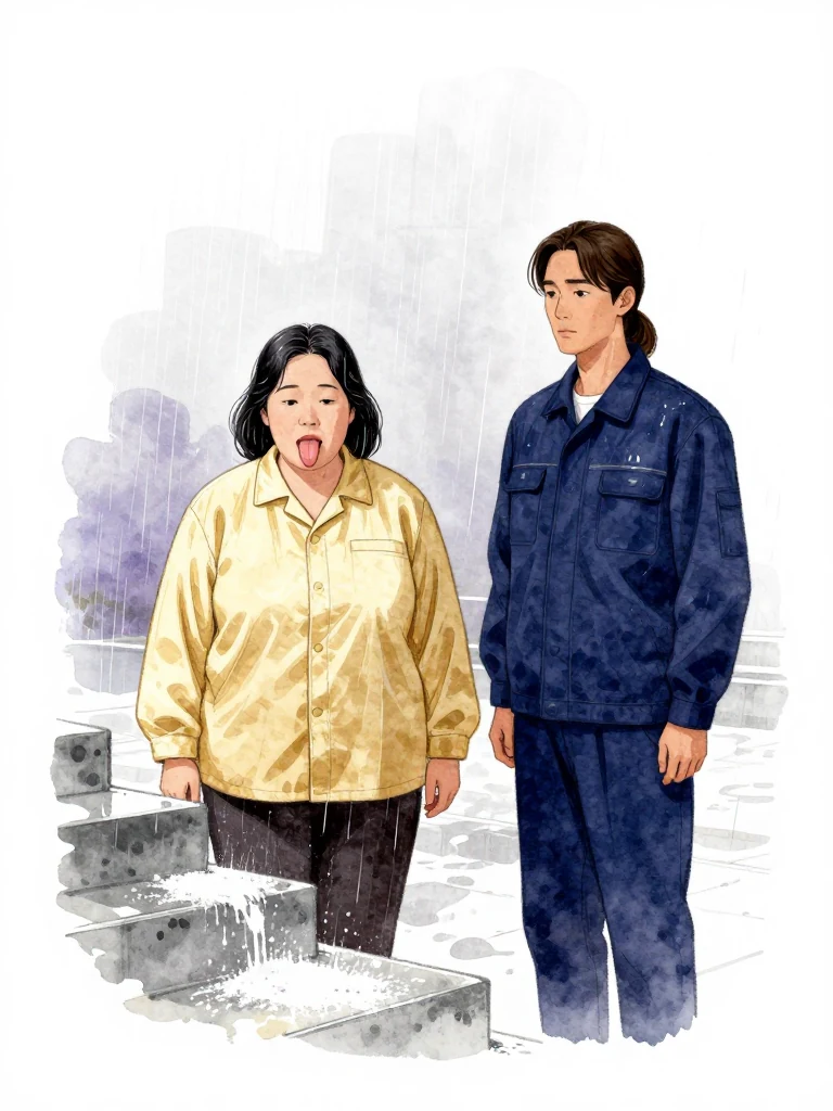 한윤서 stands still, tongue pressing lower left molar, eyes fixed on the ground where white powder flows down the stairs. 서이안 stands beside, arms at sides, gaze steady on the same person. Rain streaks the air, light gray and cold. A faint line of dried salt rises against the wet stone.