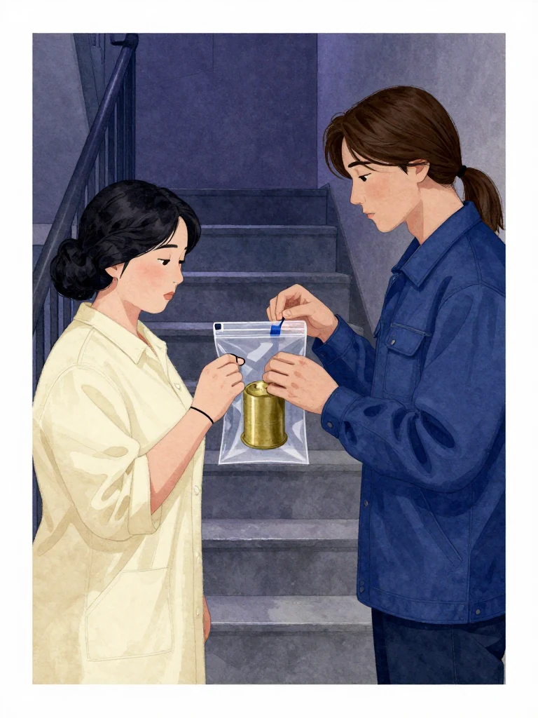 한윤서 holds the black-lined wrist one finger-width from a transparent evidence pouch suspended between both figures. 서이안 fixes two small measuring tabs to the pouch exterior and observes their paired pulses. The aged yellow brass object remains sealed inside as cold stairwell light aligns its matte first groove with the wrist and blue transport seal. Setting: 남천 고가 장례소. Visible objects: 내일의 상주 동패.