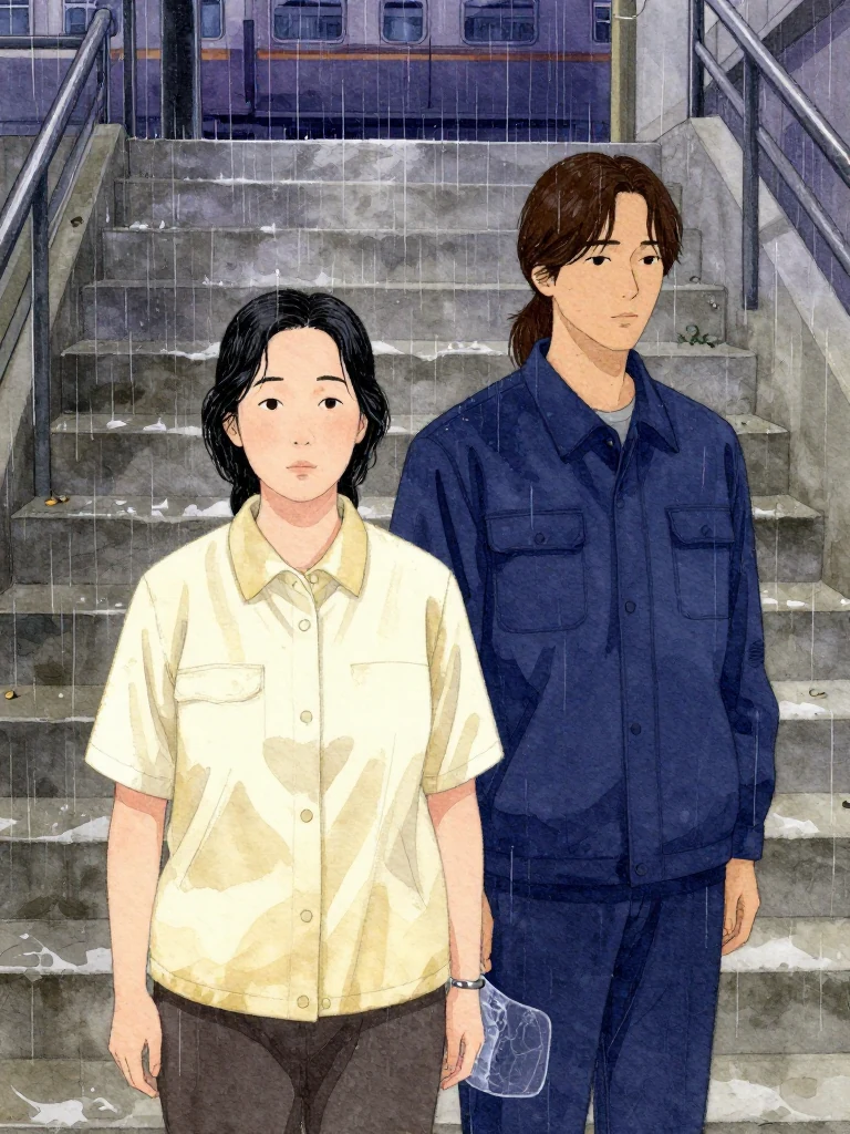 한윤서 stands abruptly upright, facing forward, while 서이안 remains stationary beside them, both positioned on a wet concrete stairway. Rain streaks down the surface, and a faint metallic tremor vibrates through the same person's wrist. A thin, transparent film lies nearby, bearing faint impressions. The air is cool and damp, with distant train sounds echoing overhead.