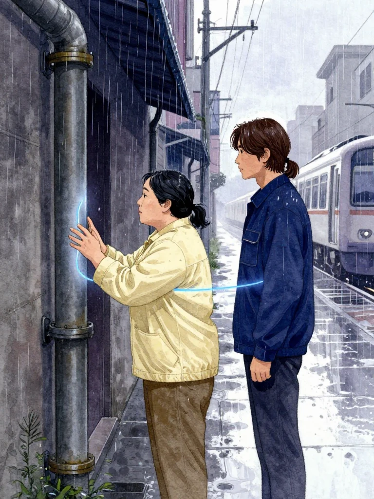 한윤서 stands still, listening intently to vibrations inside a metal pipe, while 서이안 pauses beside them, their linked wrists taut with a glowing blue line. Rain falls steadily, pooling low in the alley, and the distant rumble of a train echoes through the wet concrete. Both are focused on the sound's origin, their bodies tense and silent.
