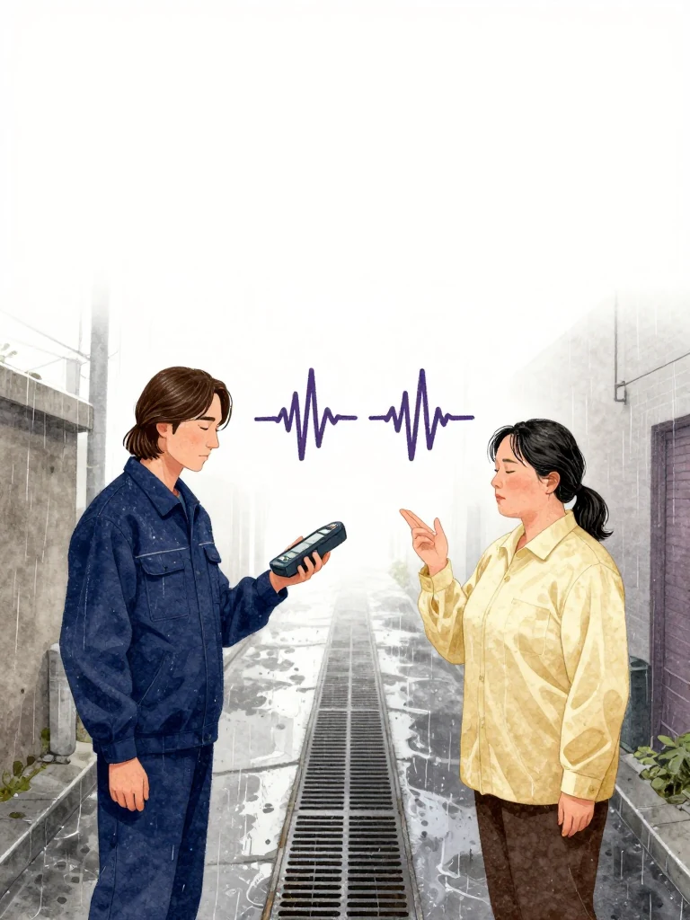 서이안 turns a handheld terminal toward 한윤서 beside a rain-filled alley drain, comparing two matched vibration traces with both surfaces angled away. The same person closes both eyes and listens above the wet grate before lowering one directional gesture. Gray rain, concrete curbs, drain metal, and reflected utility light ground the corrected inference.