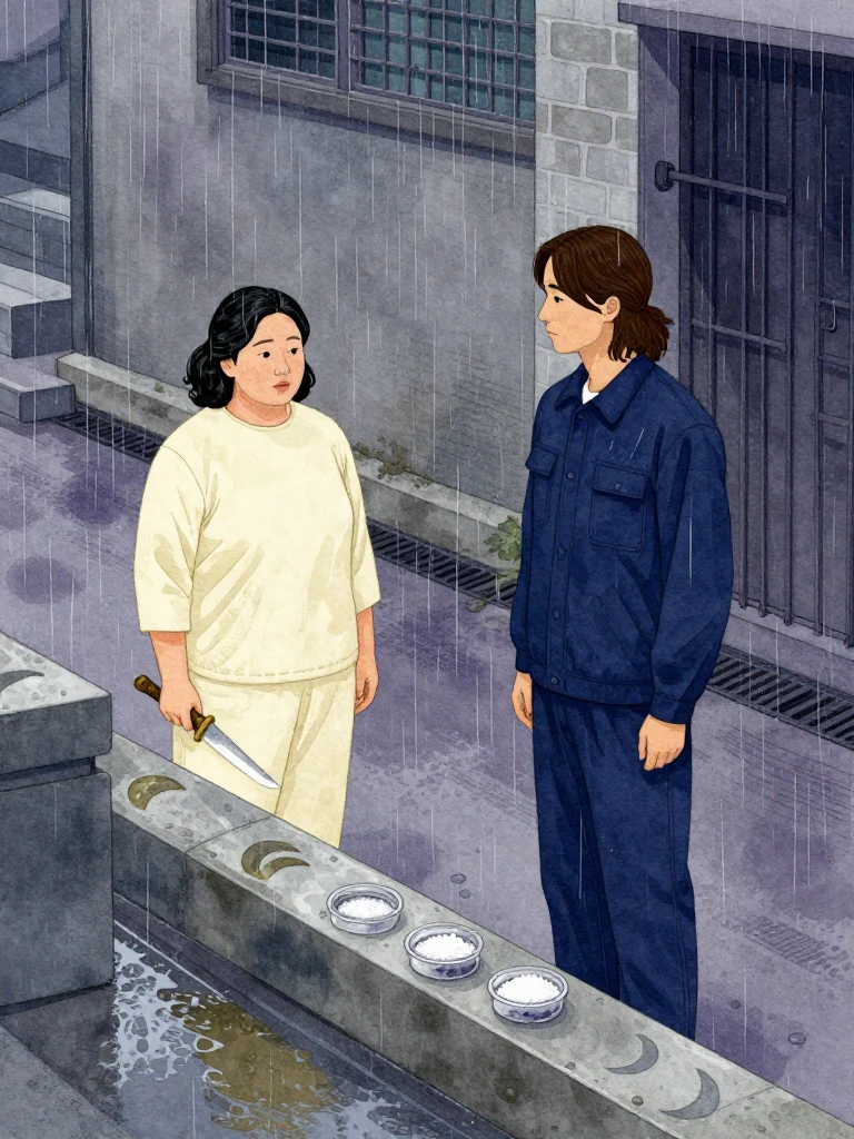 한윤서 stands at the mortuary stair foot and points south with a ceremonial knife kept fully inside its sheath. 서이안 aligns preserved crescent impressions with the wet concrete curb and places three salt grains in sealed sample holders. Rain shines across the alley, drain edge, wheel tracks, and closed iron threshold beneath restrained gray light. Setting: 남천 고가 장례소.