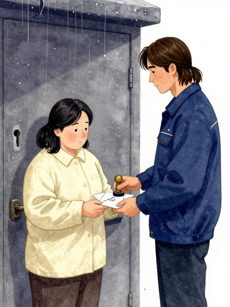 한윤서 stands before a metal door, sliding a plain surface holder beneath it. 서이안 stands opposite, aligning a seal to works the timestamp. Their inked signatures meet on the sealed envelope. Rain-slicked iron and salt crystals gleam under dim, overcast light. The door's two keyholes remain untouched.