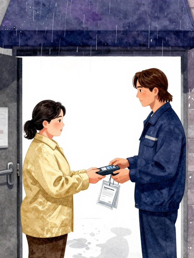 한윤서 faces 서이안 beneath the rain-dark access awning and gives a firm forward gesture toward the handheld terminal. The same person attaches three sealed evidence pouches to a restricted-access request, keeping every device surface turned away, then presses the submission control. Wet steel, alley runoff, and a locked service door frame the irreversible procedural choice.