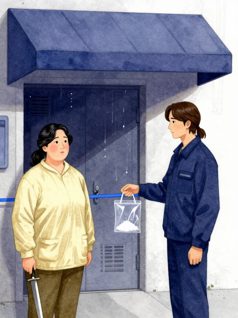 한윤서 waits beneath the alley access awning with the ceremonial blade secured inside its sheath at the sealed boundary. 서이안 stands within the short blue tether and compares two terminal surfaces held edge-on. A transparent evidence pouch swings between their wrists while white salt, rainwater, ventilation grilles, and the closed double-key door fill the cold service passage.