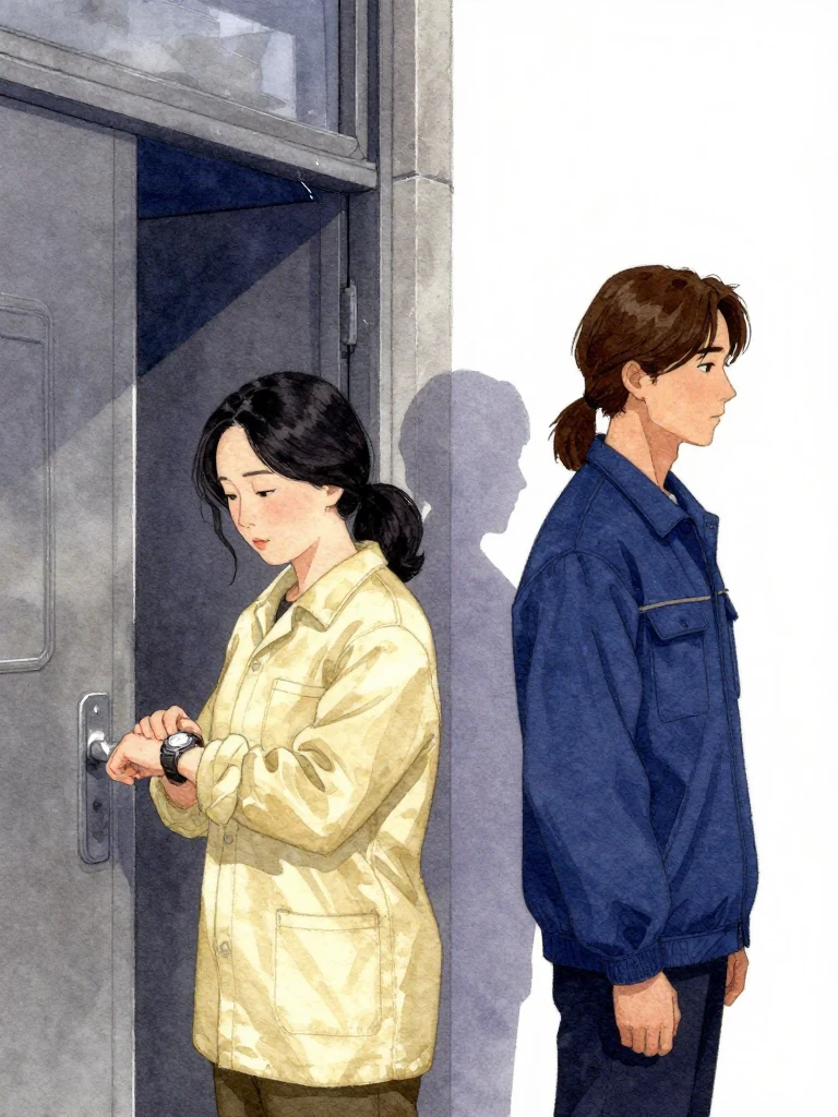 한윤서 stands still, eyes fixed on wristwatch, while 서이안 stands nearby, silent and still. Both face the same direction, toward a metallic door. Cold air seeps through a narrow gap. The air smells faintly of metal, wet earth, and ash. The scene is dim, lit only by ambient glow.