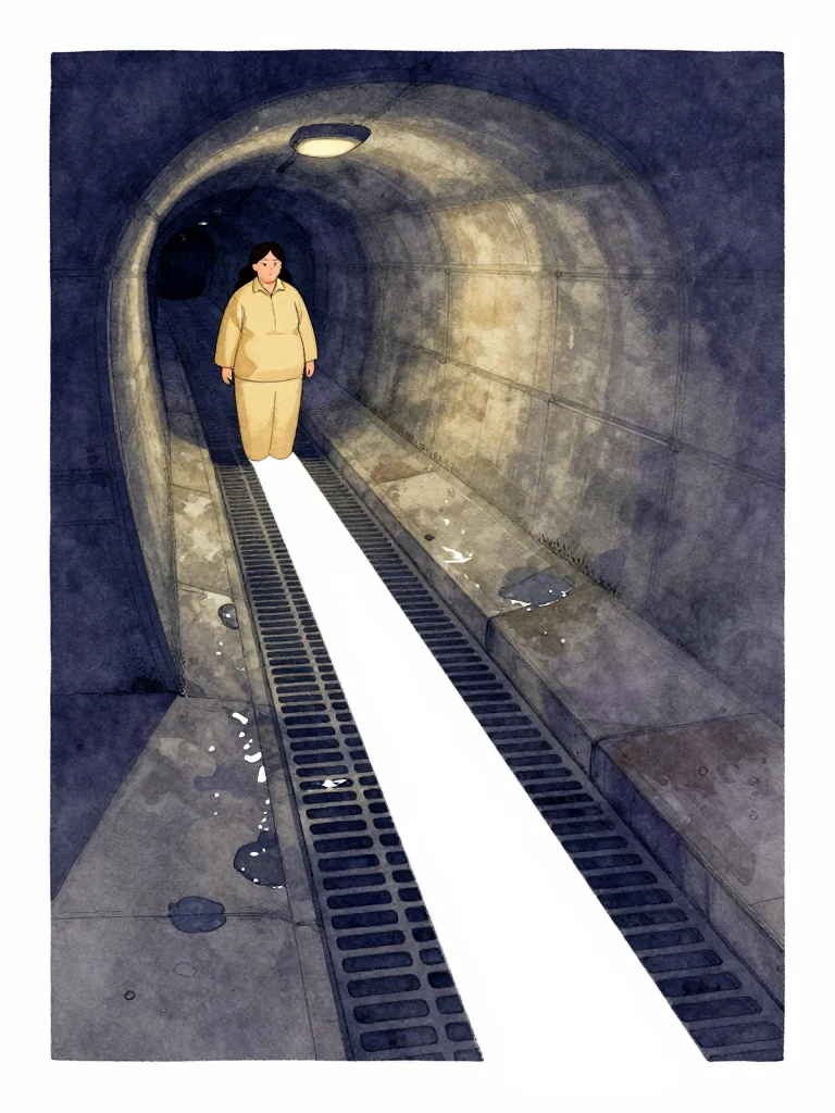 한윤서 stands at the left fork entrance, slowing pace, while the white line flows unbroken past, descending into the drainage grid below. The tunnel's metallic walls curve overhead, dimly lit by artificial glow. Water pools unseen beneath, and the line's path continues straight into the drainage's lower passage. Setting: 무진선 남천역 7번 승강장.