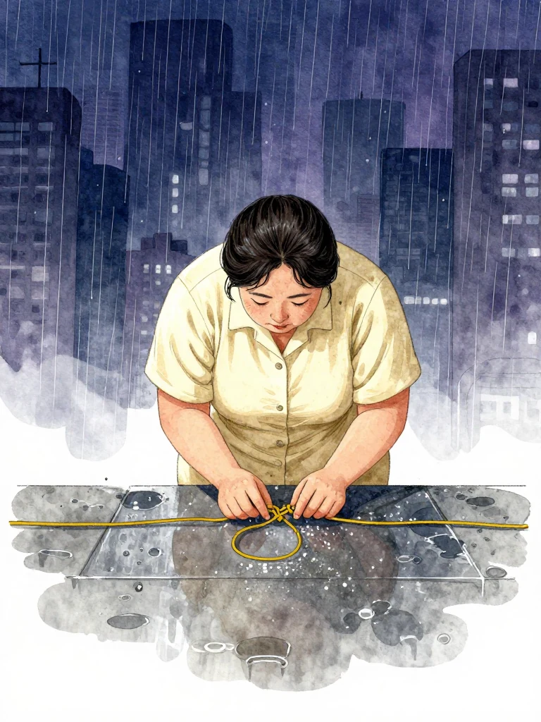한윤서 bends only at the waist above a wet storm grid, both hands held close to the body while studying a dry reverse-tied yellow cord. One loop faces inward and the loaded axis faces outward. Cool maintenance light catches cord fibers, rain-slick metal, salt crystals, and the careful gap between the same person's fingers and the knot. Setting: 무진선 남천역 7번 승강장.