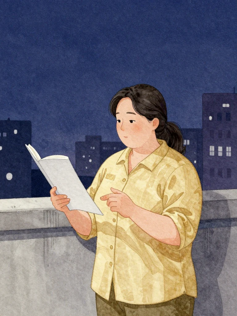 한윤서 stands alone, reading aloud a rhythmic pattern to herself. Her posture is upright, focused, hands likely gesturing subtly to emphasize the beat. The air is still, lit by soft, even light, suggesting an enclosed, quiet space.