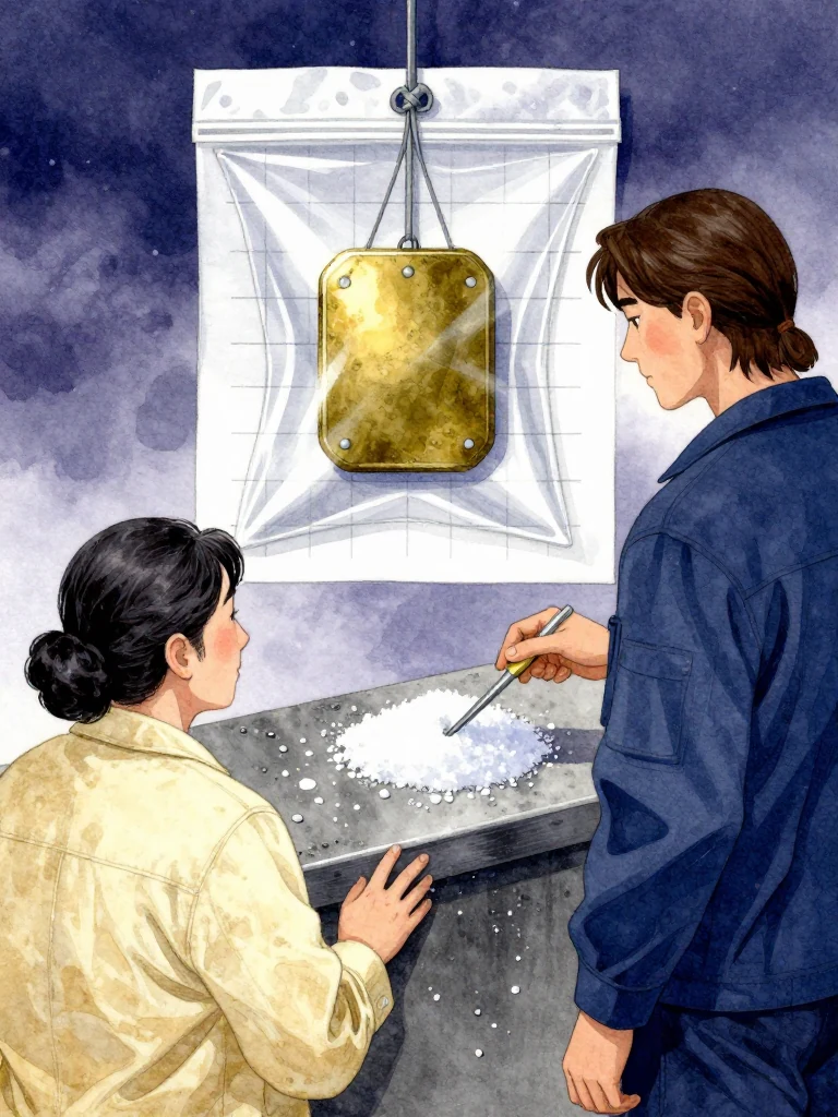 한윤서 studies the storm grid and dry reverse knot while 서이안 compares a sealed salt sample with the deeper pressure mark on one metal bar. The aged yellow brass object stays enclosed in a transparent evidence pouch well clear of the grid. Cold service light isolates cord, salt layers, wet steel, and the direction of the recent heavy load. Setting: 무진선 남천역 7번 승강장. Visible objects: 내일의 상주 동패.