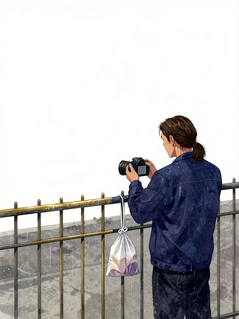 서이안 stands at the grid, holding a cutter, cutting one strand-bound bar while photographing the grid's bars. The knot remains intact in a evidence bag. Rain-slicked metal gleams under ambient light. The composition keeps every visible silhouette spatially distinct and clearly legible.
