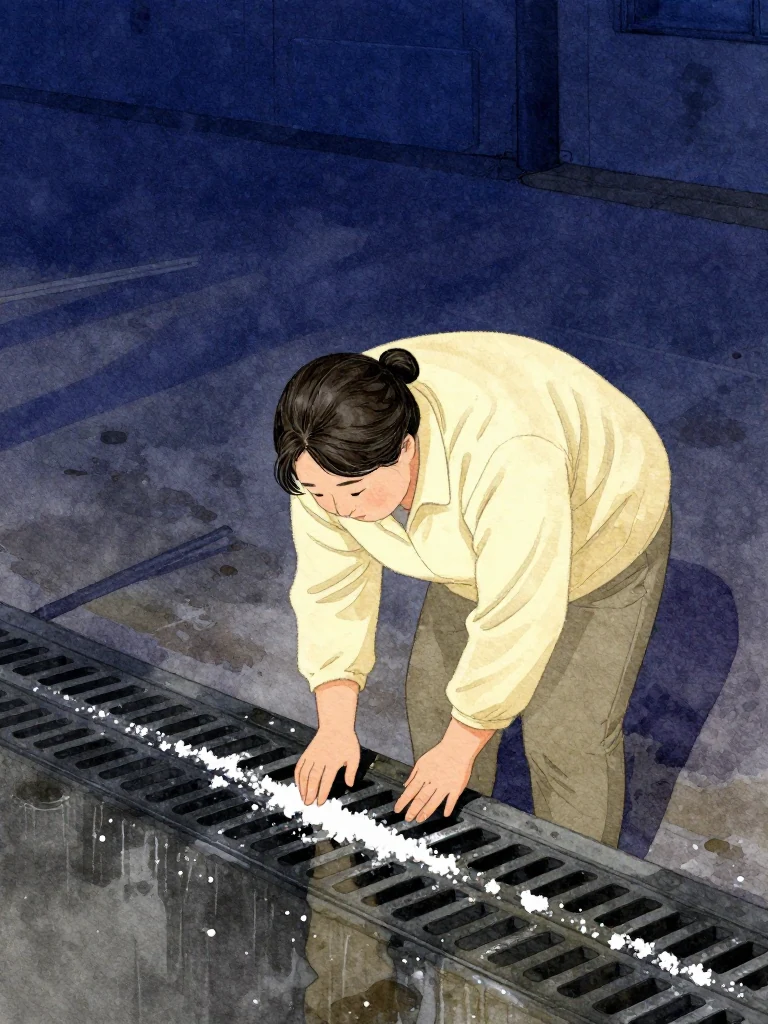 한윤서 bends at the waist before the drain grid, keeping both hands close to the body while studying one cleaned bar among neighboring bars dusted with thin white salt. Diffuse station light glides across rain-slick metal and black water below, concentrating the composition on the single bare contact point and the careful visual inspection. Setting: 무진선 남천역 7번 승강장.