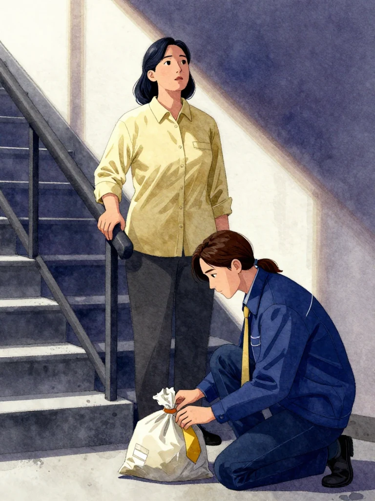 한윤서 stands paused mid-staircase, hand resting on railing, gaze fixed upward. 서이안 kneels beside a sealed evidence bag on the floor, fingers hovering over a yellow tie. Morning light slants through high windows, casting long shadows. The air feels heavy with urgency.