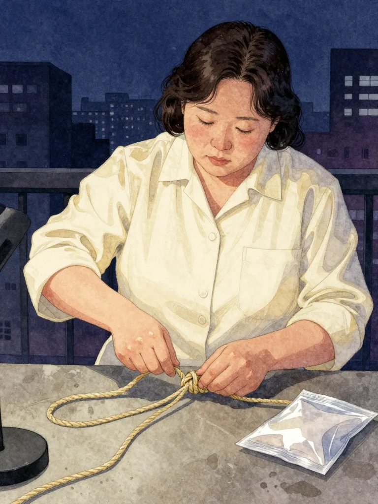 한윤서 works a fresh cord across a waterproof table, folding two loops, reversing the pulling side, and tightening the completed knot through a final half turn. Close station light isolates the moving fingers, cord fibers, and controlled tension while a sealed evidence pouch rests farther back, establishing a precise physical demonstration through repeated hand motion. Setting: 무진선 남천역 7번 승강장.