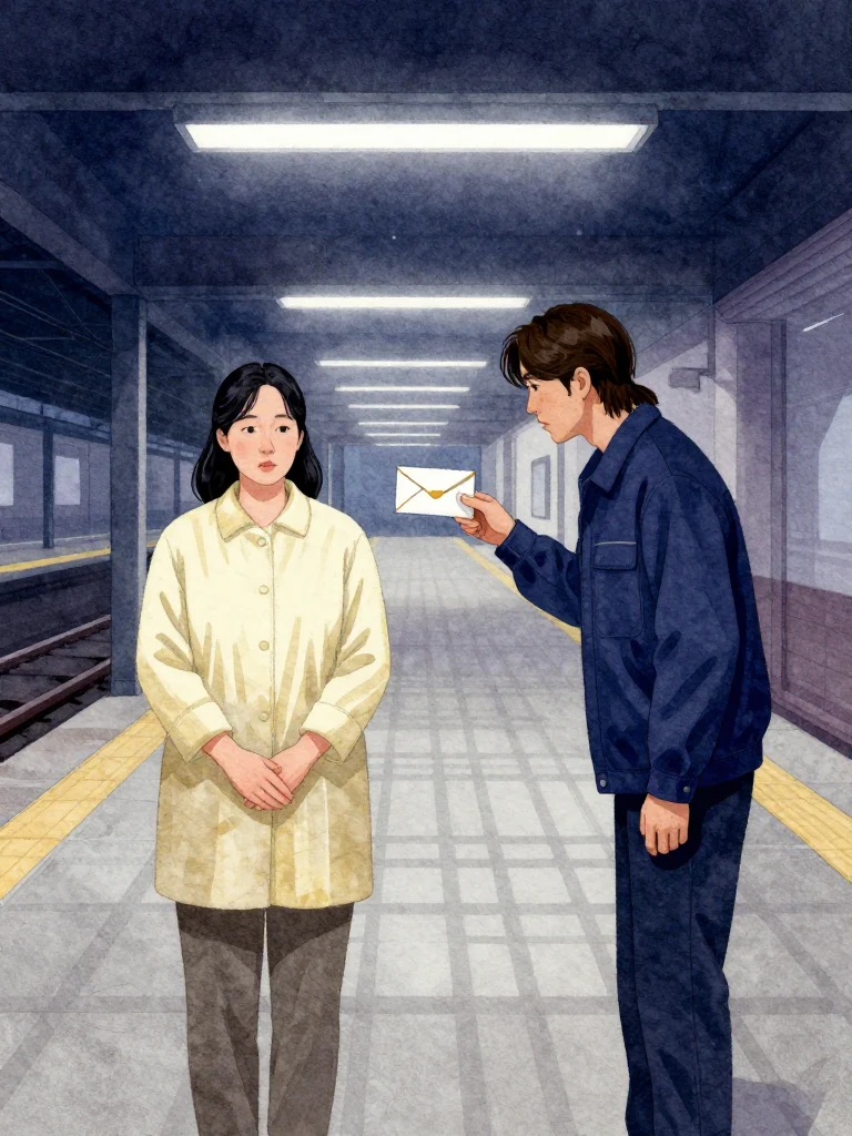 한윤서 stands rigidly facing forward, hands clasped near waist, eyes fixed ahead. 서이안 leans slightly forward, pointing at a sealed evidence envelope. Fluorescent lights hum overhead. The platform is empty except for them. A grid shadow stretches across the floor. Setting: 무진선 남천역 7번 승강장.