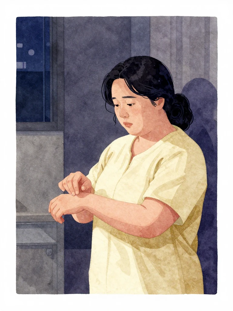 한윤서, , looks at her left wrist with stillness, her hand poised mid-movement. The ambient silence of the room presses in, unhelpful and heavy. Her posture is tense, eyes fixed inward, as if measuring time or memory against her skin.