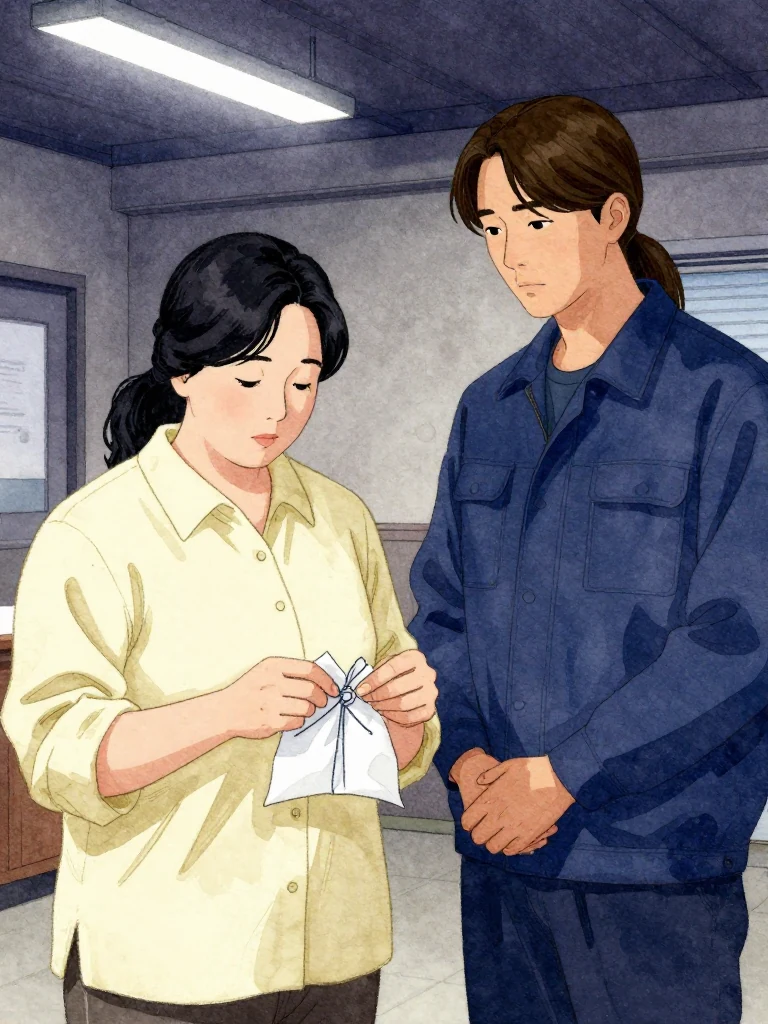 한윤서 holds a folded evidence packet, her fingers tracing the knot she just tied. 서이안 observes closely, standing slightly behind, hands clasped. The room is dim, lit only by overhead fluorescents. Both are still, focused on the identical knot motion - one from now, one from seven years ago.