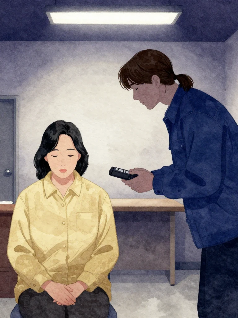 한윤서 sits still, eyes downcast, hands folded in lap. 서이안 leans forward slightly, holding a recording device. The room is dim, lit only by overhead fluorescents, and silence hangs heavy between them. The composition keeps every visible silhouette spatially distinct and clearly legible.