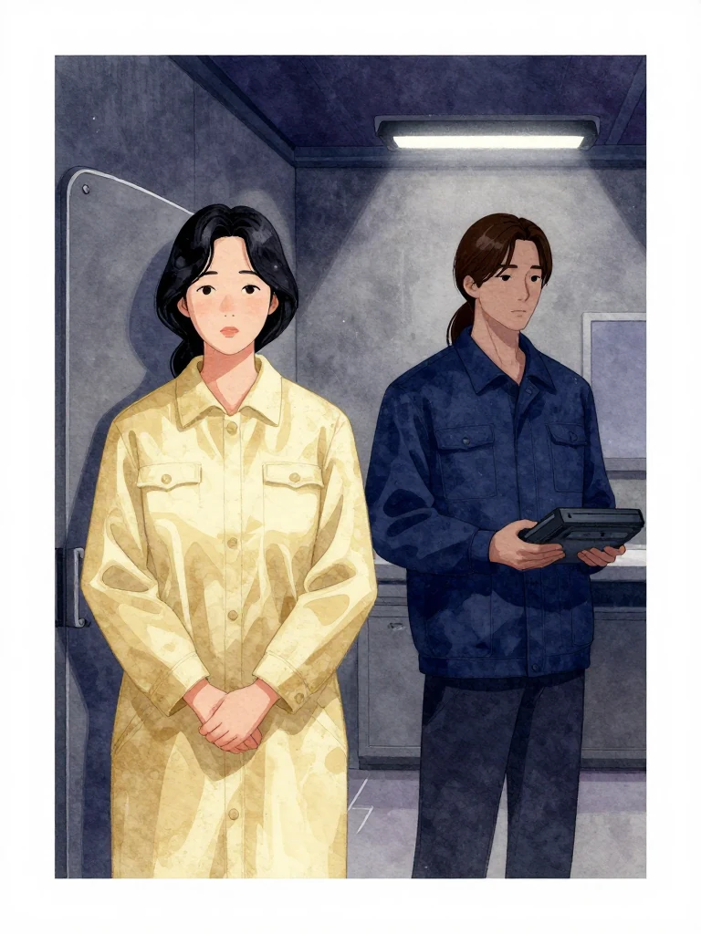 한윤서 stands rigidly beside a waterproof board, facing forward with hands clasped. 서이안 stands slightly behind, holding a terminal device. The room is dimly lit, with cold metallic surfaces and a single overhead lamp casting sharp shadows.